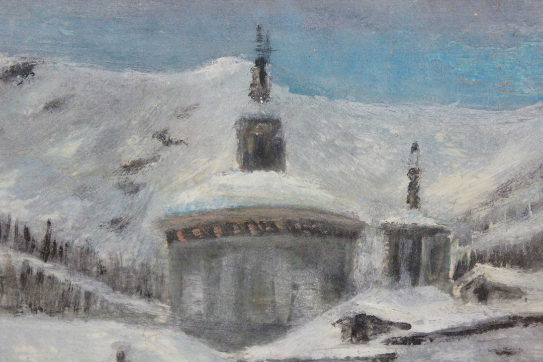 872_quadro_paesaggio_invernale_neve_inverno_chiesa_olio_su_pannello_dipinto_cornice_Italia_ITA_metà_1900_6