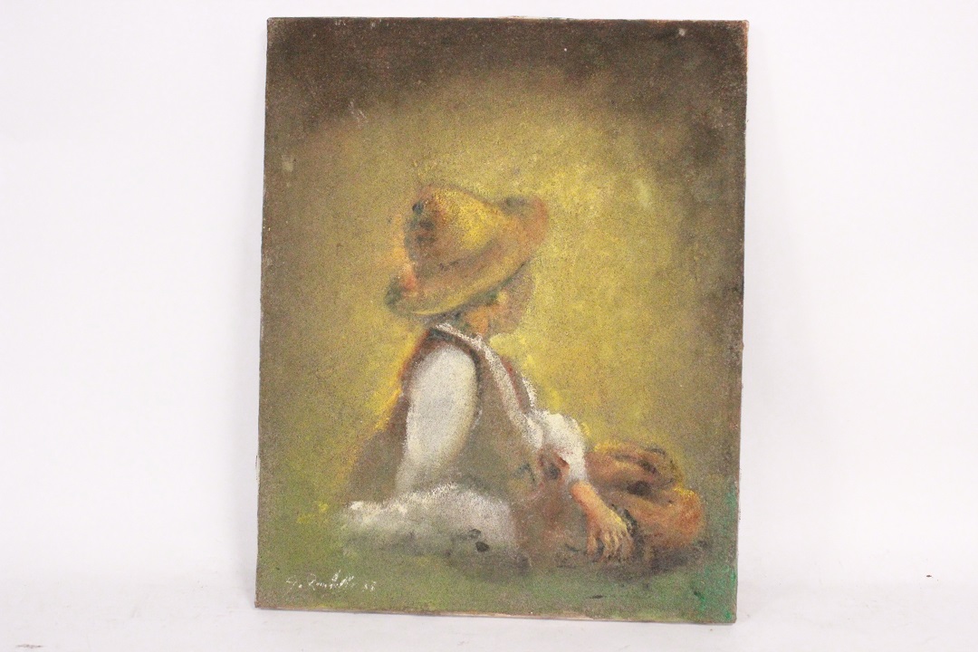 873_quadro_dipinto_tela_bambino_dietro_cappello_tecnica_mista_firma_Italia_ITA_1977_0
