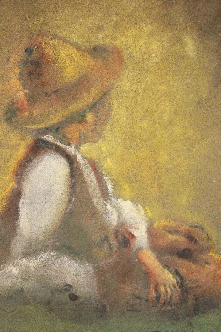 873_quadro_dipinto_tela_bambino_dietro_cappello_tecnica_mista_firma_Italia_ITA_1977_4