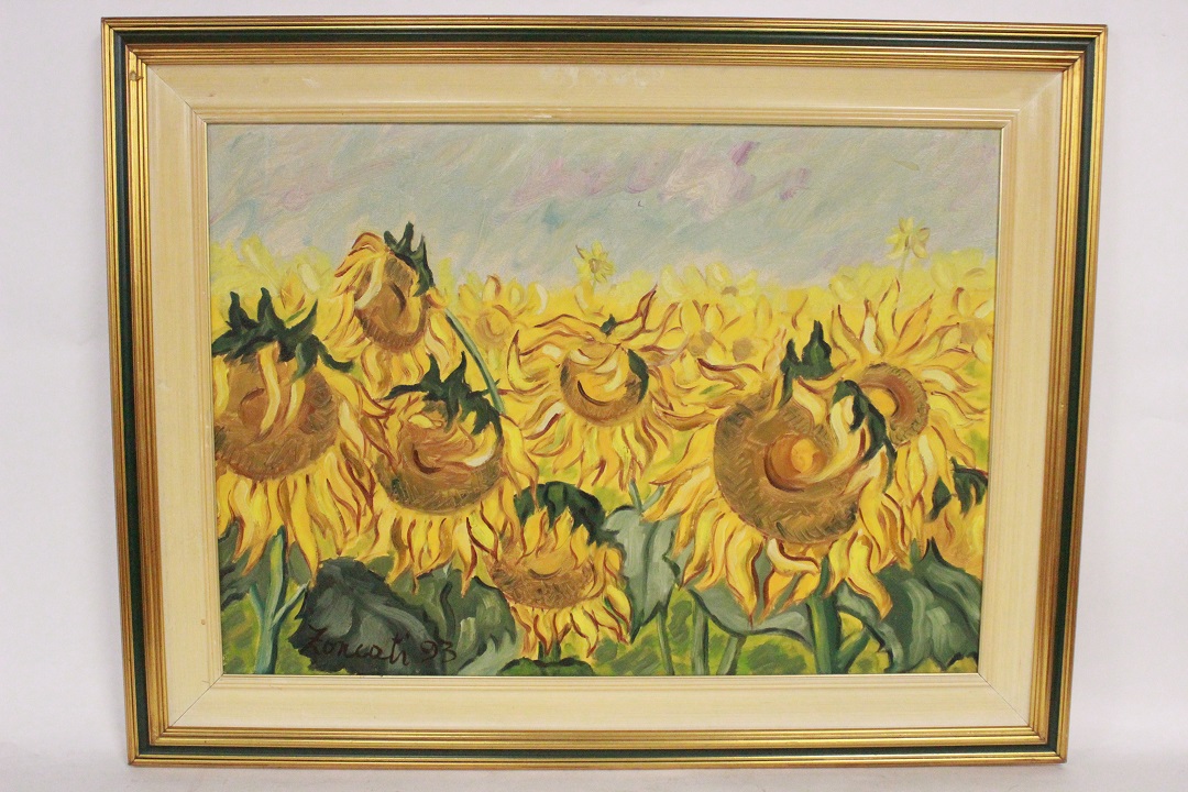 875_quadro_cornice_olio_su_tela_paesaggio_fiori_girasoli_Italia_firmato_firma_Zoncati_ITA_1993_0