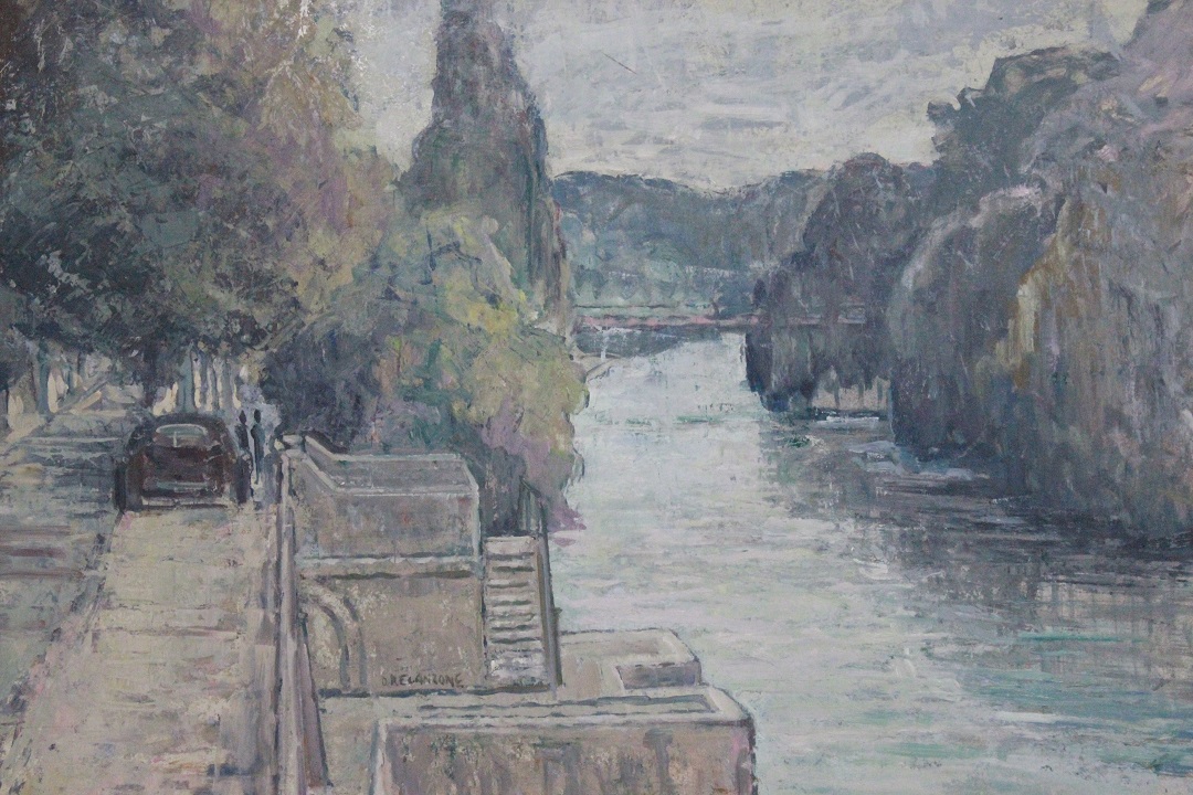 462_quadro_dipinto_olio_su_tela_painting_oil_on_canvas_landscape_paesaggio_fiume_river_ponte_bridge_cornice_frame_firma_firmato_D.Recanzone_Francia_FRA_1