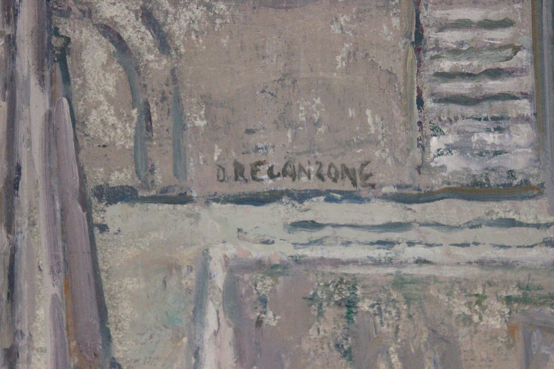 462_quadro_dipinto_olio_su_tela_painting_oil_on_canvas_landscape_paesaggio_fiume_river_ponte_bridge_cornice_frame_firma_firmato_D.Recanzone_Francia_FRA_2