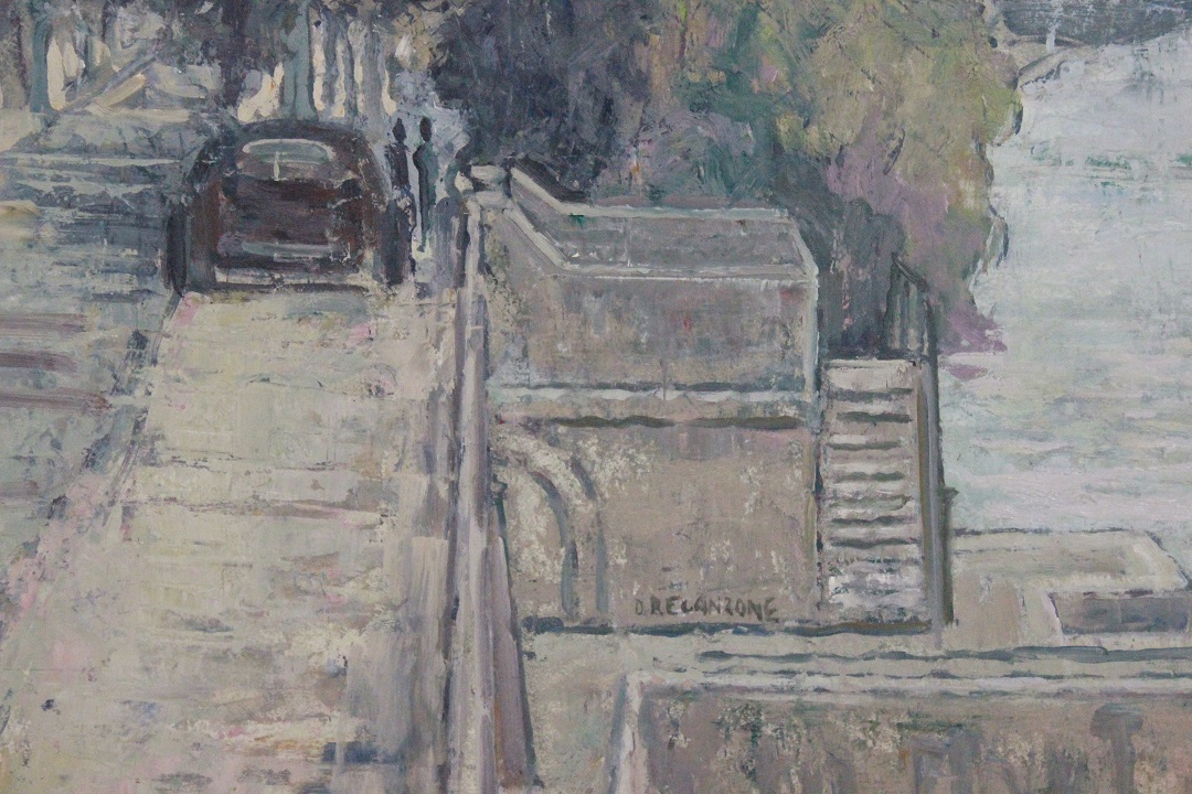 462_quadro_dipinto_olio_su_tela_painting_oil_on_canvas_landscape_paesaggio_fiume_river_ponte_bridge_cornice_frame_firma_firmato_D.Recanzone_Francia_FRA_4