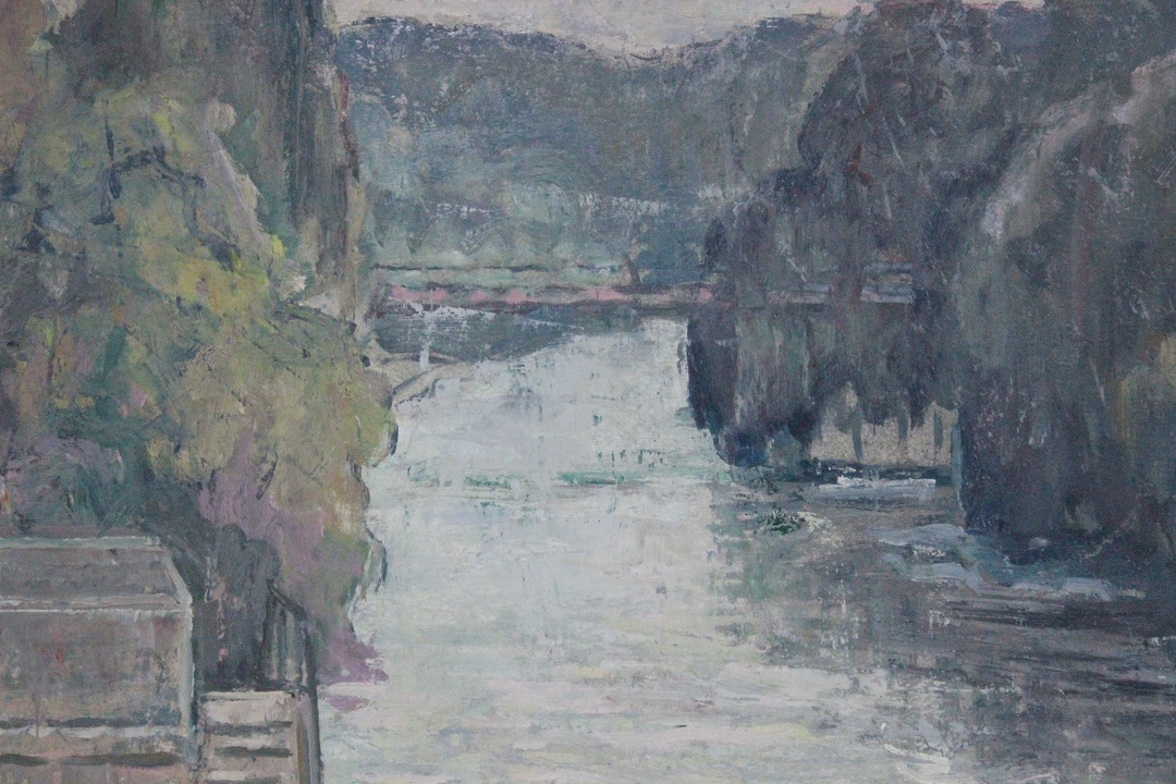 462_quadro_dipinto_olio_su_tela_painting_oil_on_canvas_landscape_paesaggio_fiume_river_ponte_bridge_cornice_frame_firma_firmato_D.Recanzone_Francia_FRA_5