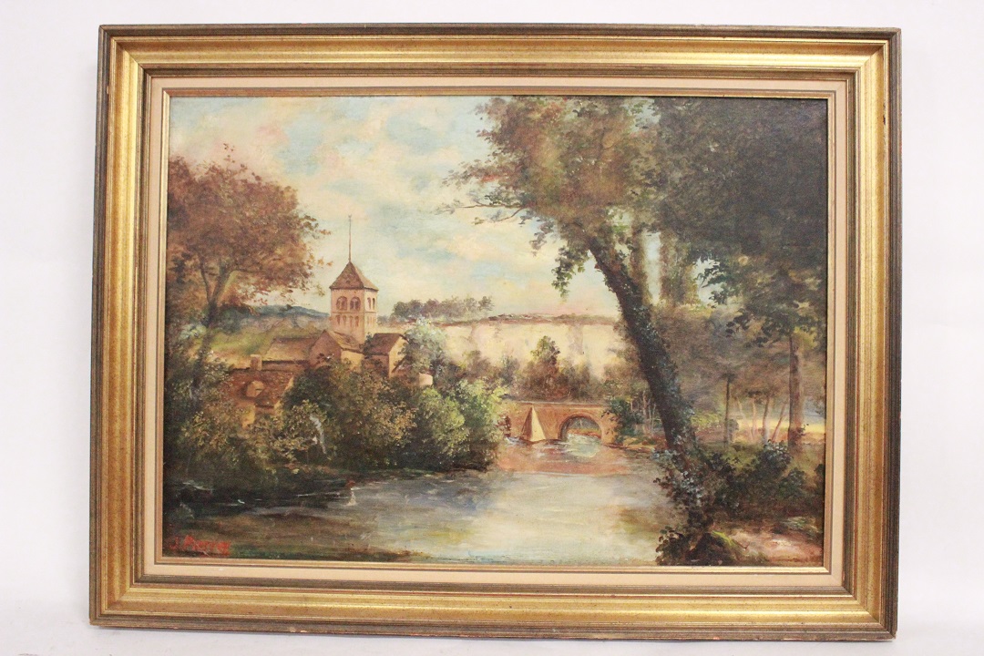 487_quadro_dipinto_olio_su_tela_painting_oil_on_canvas_landscape_paesaggio_scorcio_fiume_ponte_chiesa_cornice_frame_firma_firmato_Francia_FRA_0