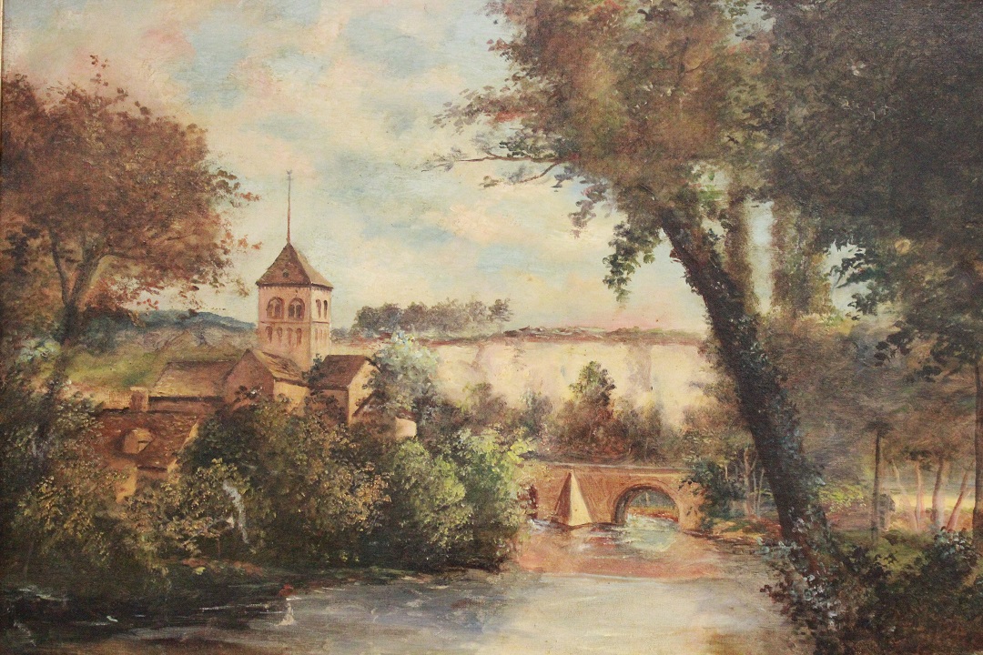 487_quadro_dipinto_olio_su_tela_painting_oil_on_canvas_landscape_paesaggio_scorcio_fiume_ponte_chiesa_cornice_frame_firma_firmato_Francia_FRA_1