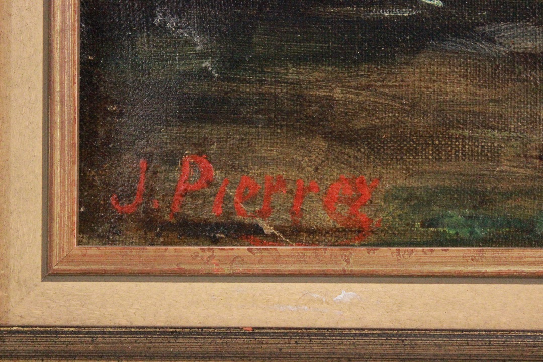 487_quadro_dipinto_olio_su_tela_painting_oil_on_canvas_landscape_paesaggio_scorcio_fiume_ponte_chiesa_cornice_frame_firma_firmato_Francia_FRA_2