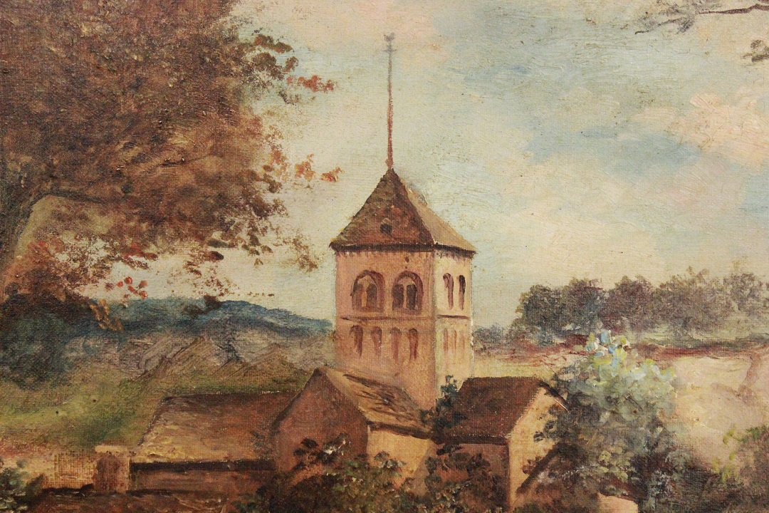 487_quadro_dipinto_olio_su_tela_painting_oil_on_canvas_landscape_paesaggio_scorcio_fiume_ponte_chiesa_cornice_frame_firma_firmato_Francia_FRA_3