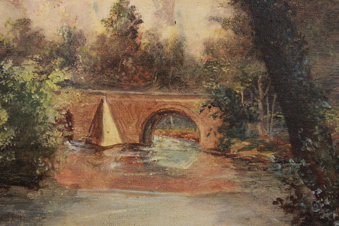 487_quadro_dipinto_olio_su_tela_painting_oil_on_canvas_landscape_paesaggio_scorcio_fiume_ponte_chiesa_cornice_frame_firma_firmato_Francia_FRA_4