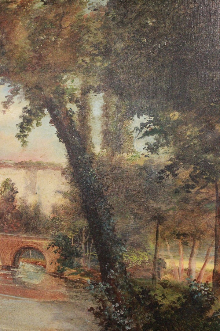 487_quadro_dipinto_olio_su_tela_painting_oil_on_canvas_landscape_paesaggio_scorcio_fiume_ponte_chiesa_cornice_frame_firma_firmato_Francia_FRA_6