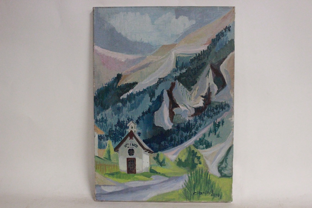 922_quadro_dipinto_olio_tela_cappella_montagna_neve_firmato_firma_Clarizot_1989_Francese_FRA_0