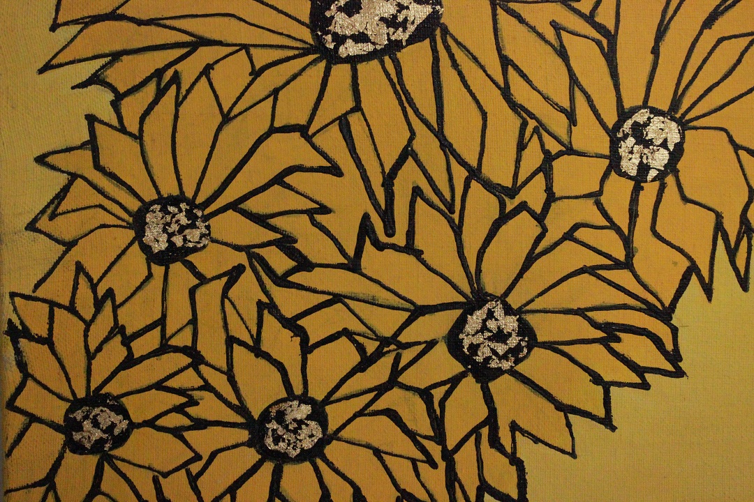 924_quadro_dipinto_olio_tela_vaso_fiori_giallo_nero_foglie_oro_autore_sconosciuto_provenienza_Francese_FRA_1