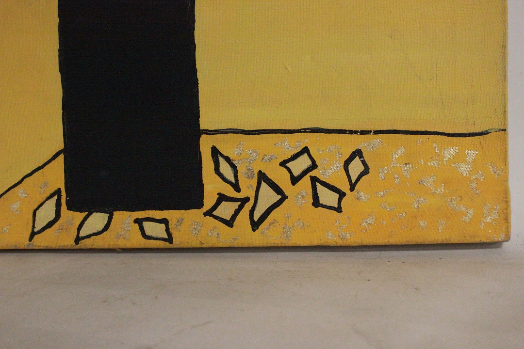 924_quadro_dipinto_olio_tela_vaso_fiori_giallo_nero_foglie_oro_autore_sconosciuto_provenienza_Francese_FRA_2