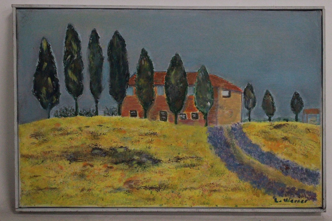 944_quadro_dipinto_olio_tela_paesaggio_campagna_campo_grano_cascina_firma_firmato_provenienza_Francese_FRA_0