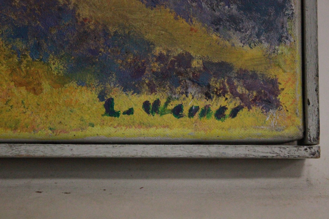 944_quadro_dipinto_olio_tela_paesaggio_campagna_campo_grano_cascina_firma_firmato_provenienza_Francese_FRA_1
