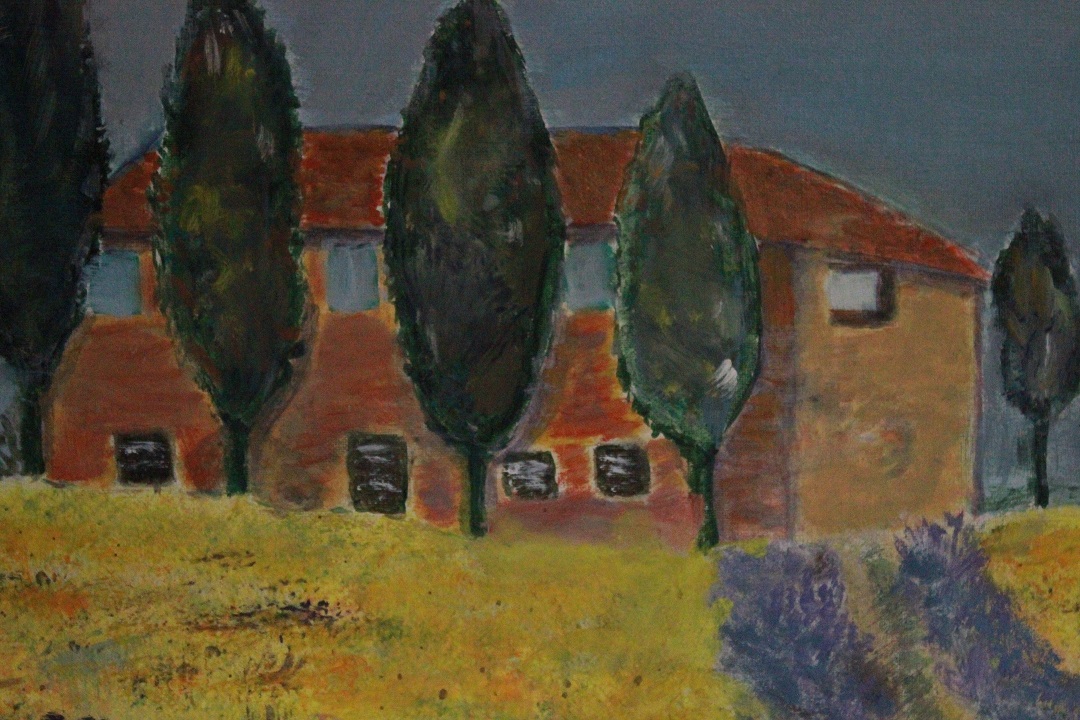 944_quadro_dipinto_olio_tela_paesaggio_campagna_campo_grano_cascina_firma_firmato_provenienza_Francese_FRA_2