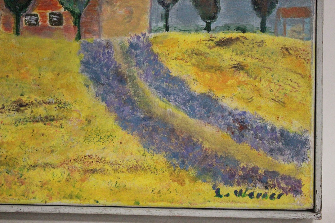 944_quadro_dipinto_olio_tela_paesaggio_campagna_campo_grano_cascina_firma_firmato_provenienza_Francese_FRA_3