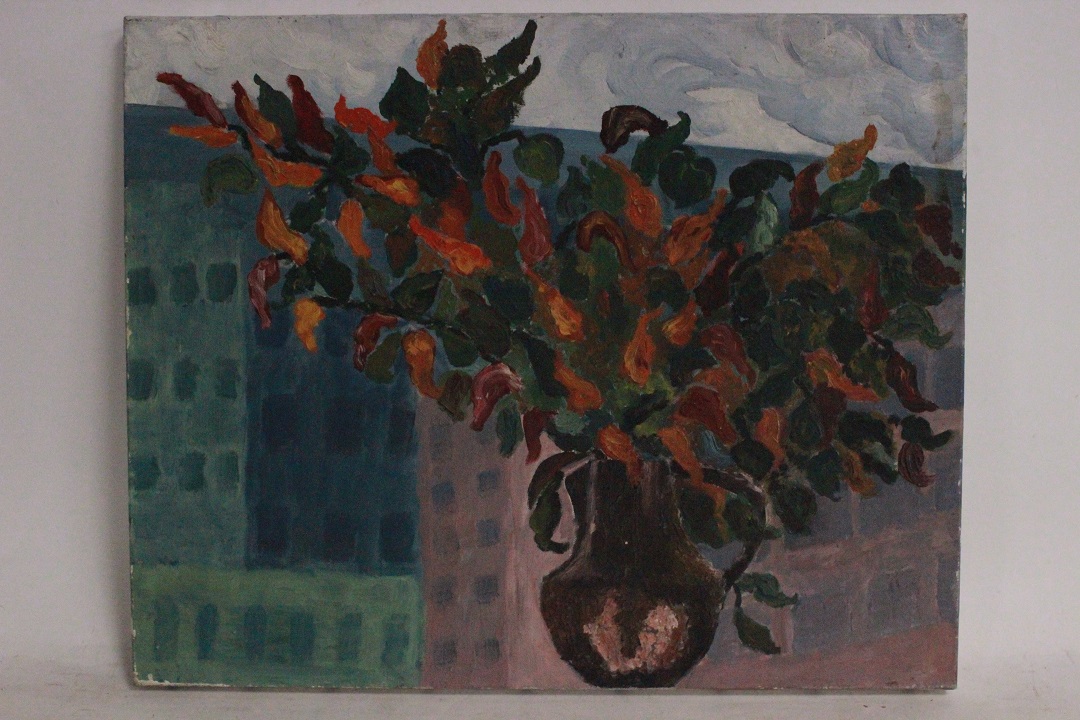 952_quadro_dipinto_olio_tela_vaso_peperoncino_sfondo_cittadino_autore_sconosciuto_ignoto_provenienza_Francese_FRA_0