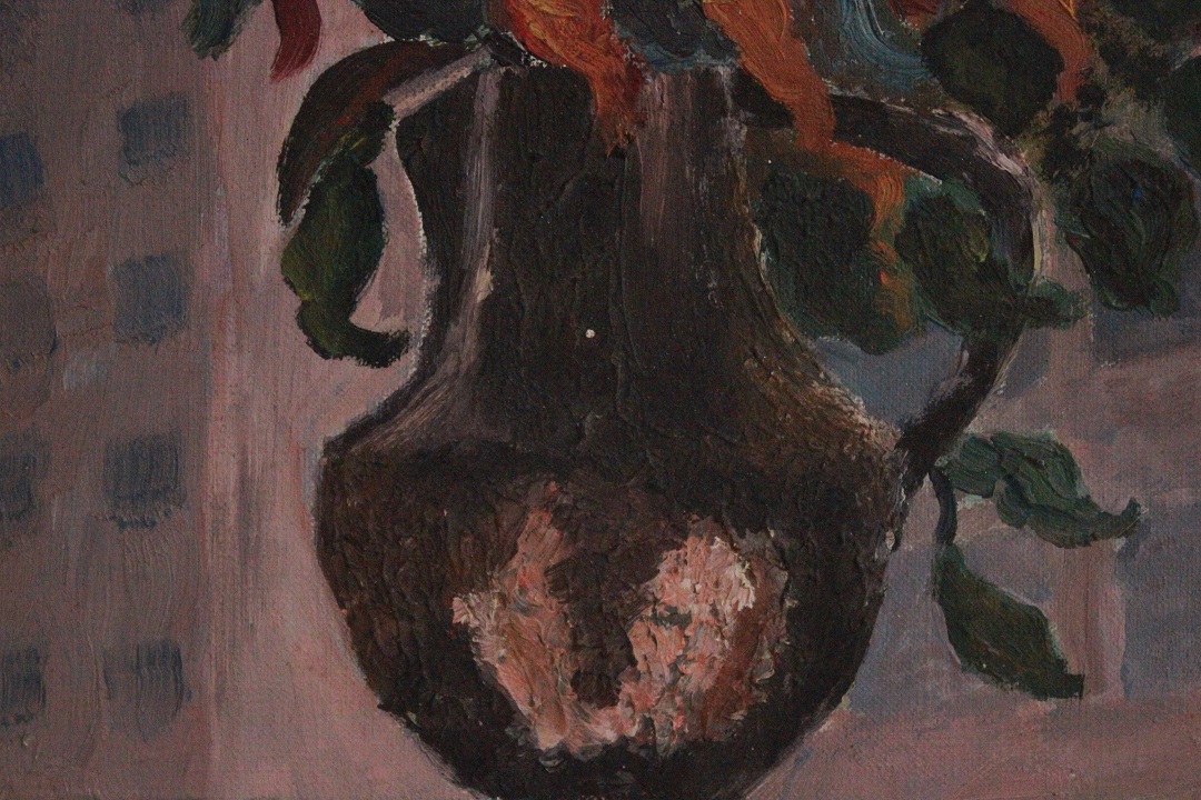952_quadro_dipinto_olio_tela_vaso_peperoncino_sfondo_cittadino_autore_sconosciuto_ignoto_provenienza_Francese_FRA_2