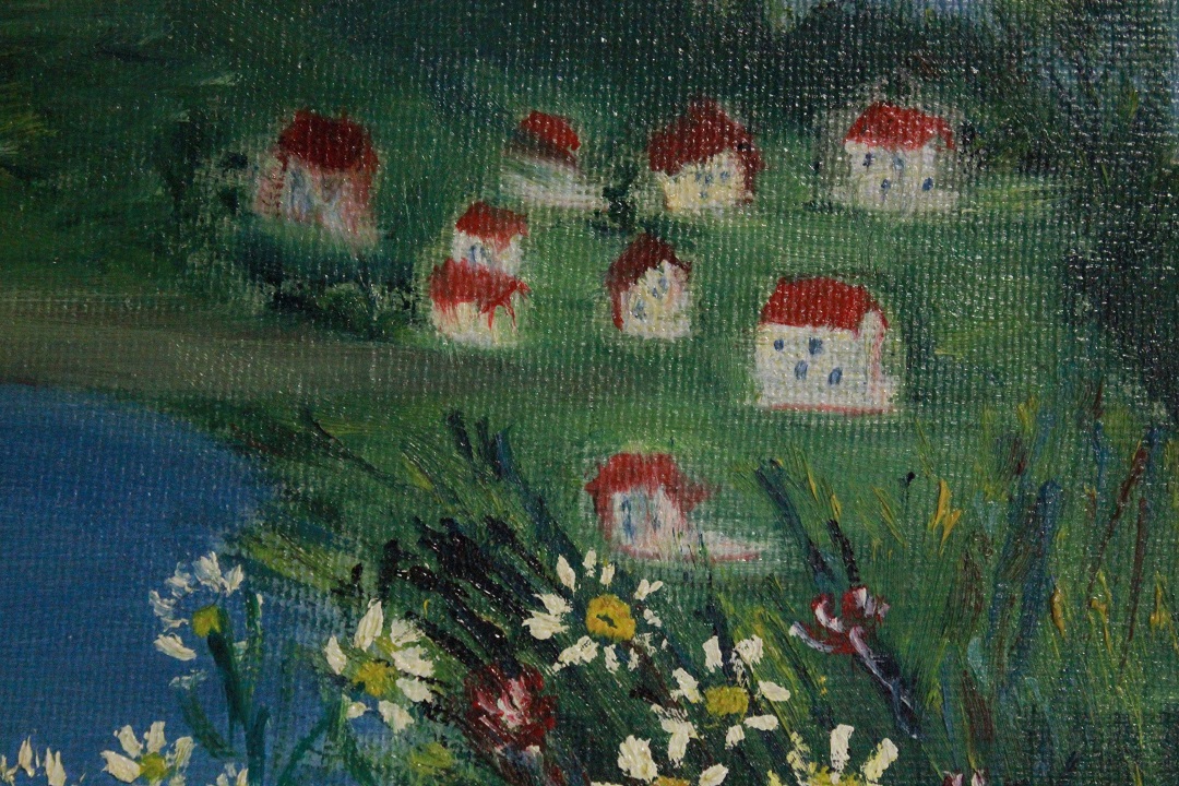 960_quadro_dipinto_olio_tela_lago_montagna_case_firmato_firma_Francese_FRA_2