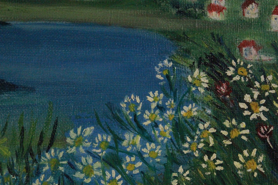 960_quadro_dipinto_olio_tela_lago_montagna_case_firmato_firma_Francese_FRA_5
