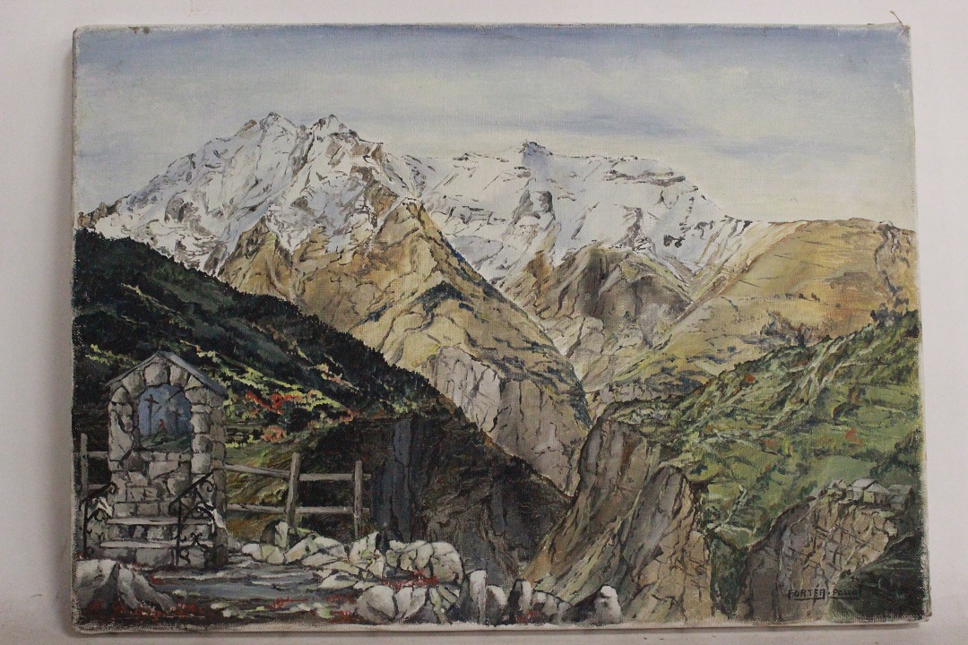 964_quadro_dipinto_olio_tela_cappella_montagna_neve_firmato_firma_Francese_FRA_0