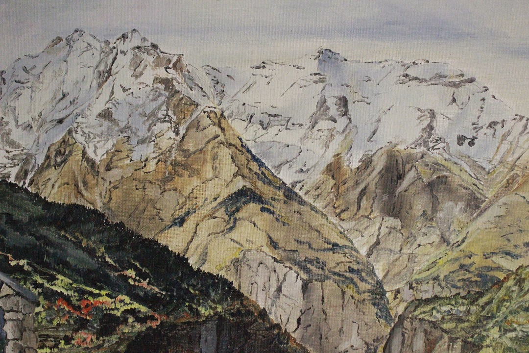964_quadro_dipinto_olio_tela_cappella_montagna_neve_firmato_firma_Francese_FRA_1
