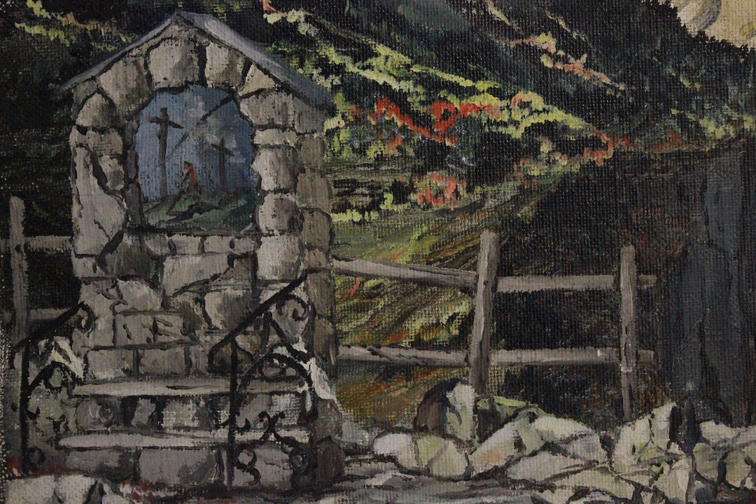 964_quadro_dipinto_olio_tela_cappella_montagna_neve_firmato_firma_Francese_FRA_2
