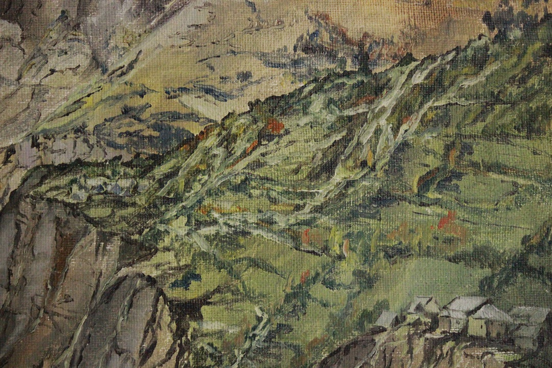 964_quadro_dipinto_olio_tela_cappella_montagna_neve_firmato_firma_Francese_FRA_4