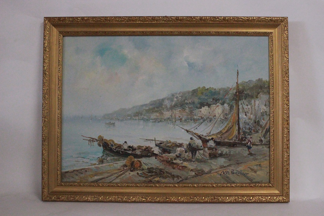 977_quadro_cornice_olio_su_tela_porto_pescatori_barche_paesaggio_firma_firmato_italiano_Italia_seconda_metà_Novecento_ITA_0