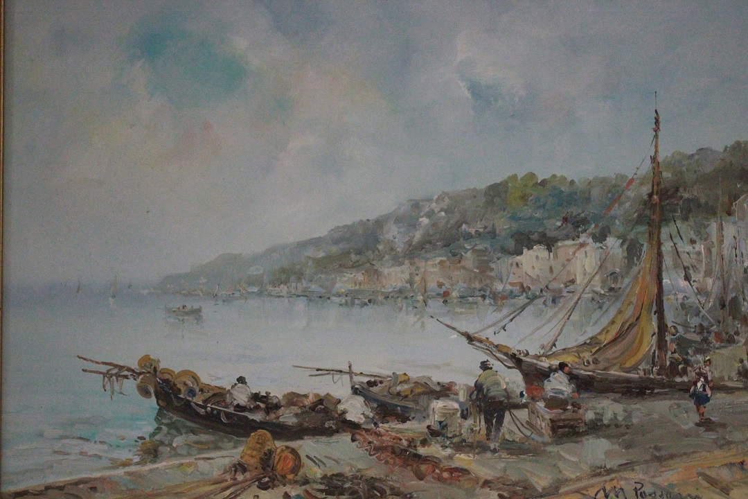 977_quadro_cornice_olio_su_tela_porto_pescatori_barche_paesaggio_firma_firmato_italiano_Italia_seconda_metà_Novecento_ITA_1