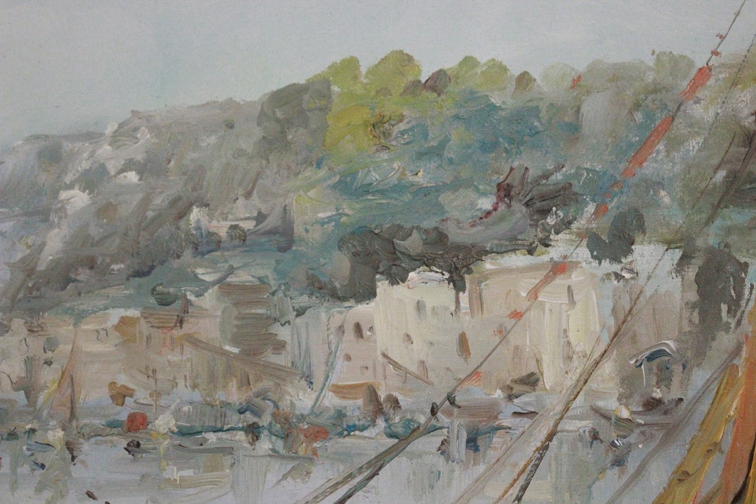 977_quadro_cornice_olio_su_tela_porto_pescatori_barche_paesaggio_firma_firmato_italiano_Italia_seconda_metà_Novecento_ITA_10