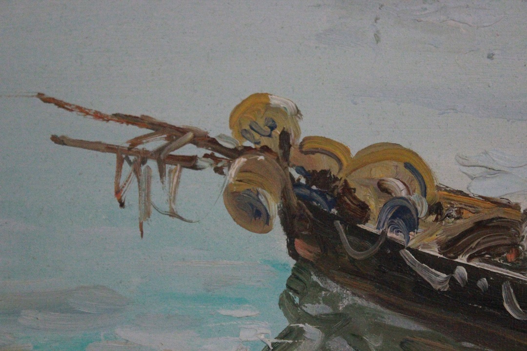 977_quadro_cornice_olio_su_tela_porto_pescatori_barche_paesaggio_firma_firmato_italiano_Italia_seconda_metà_Novecento_ITA_4