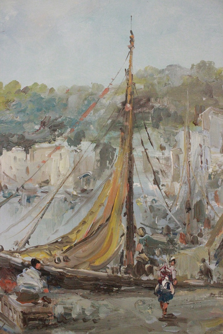 977_quadro_cornice_olio_su_tela_porto_pescatori_barche_paesaggio_firma_firmato_italiano_Italia_seconda_metà_Novecento_ITA_6