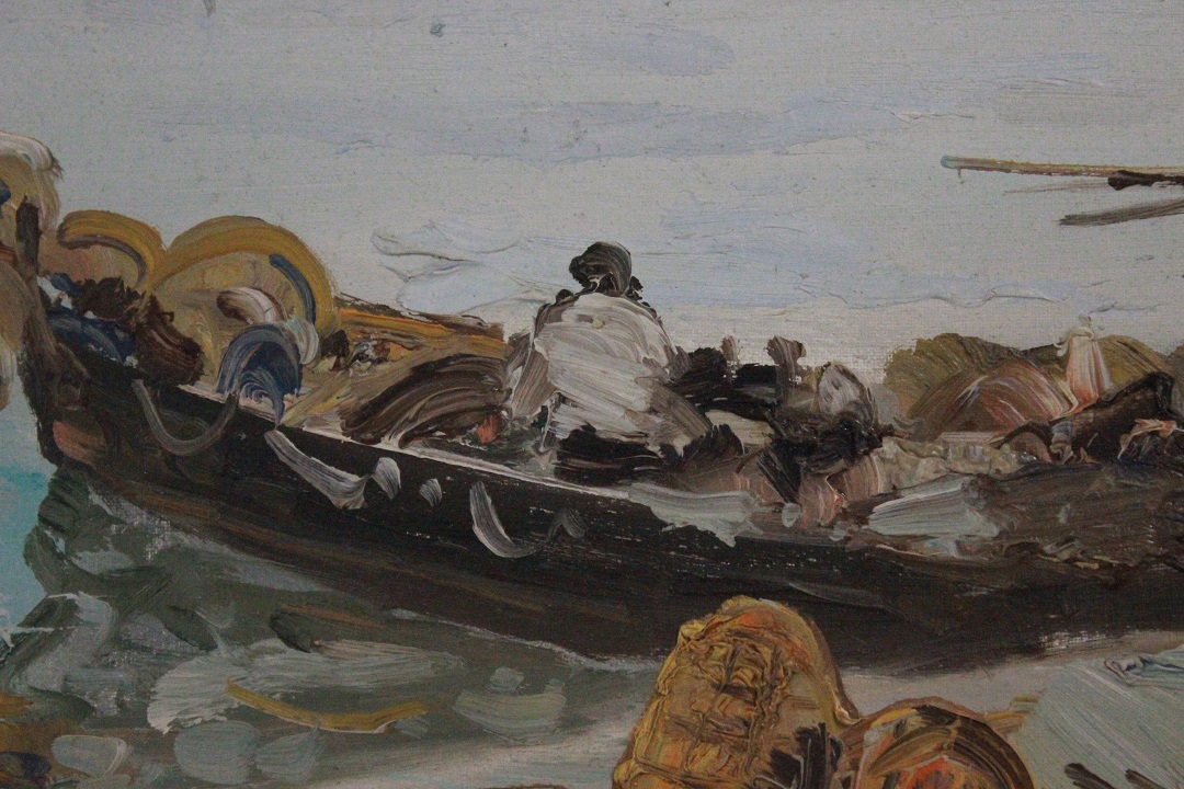 977_quadro_cornice_olio_su_tela_porto_pescatori_barche_paesaggio_firma_firmato_italiano_Italia_seconda_metà_Novecento_ITA_7