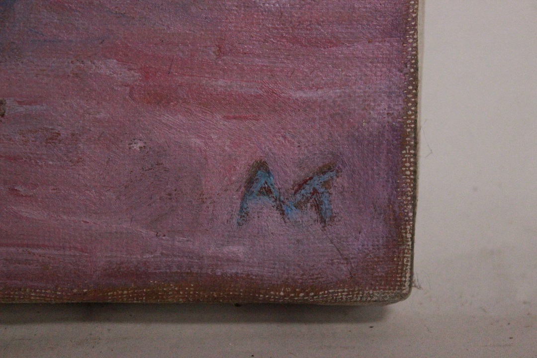 982_quadro_dipinto_olio_tela_oasi_india_rosa_firmato_firma_Francese_FRA_1