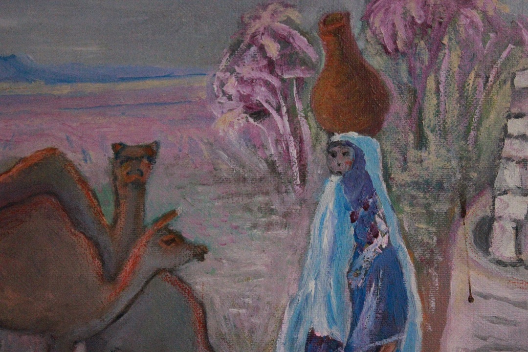 982_quadro_dipinto_olio_tela_oasi_india_rosa_firmato_firma_Francese_FRA_4