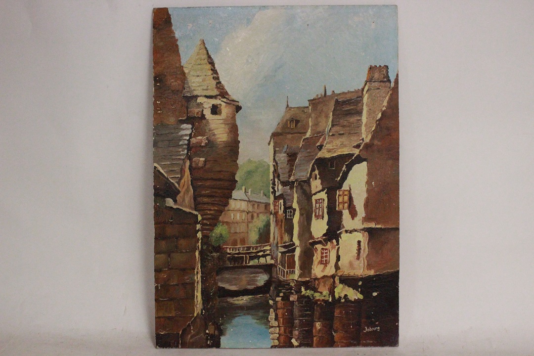 984_quadro_dipinto_olio_pannello_paesaggio_strada_via_città_canale_firmato_firma_Francese_FRA_0