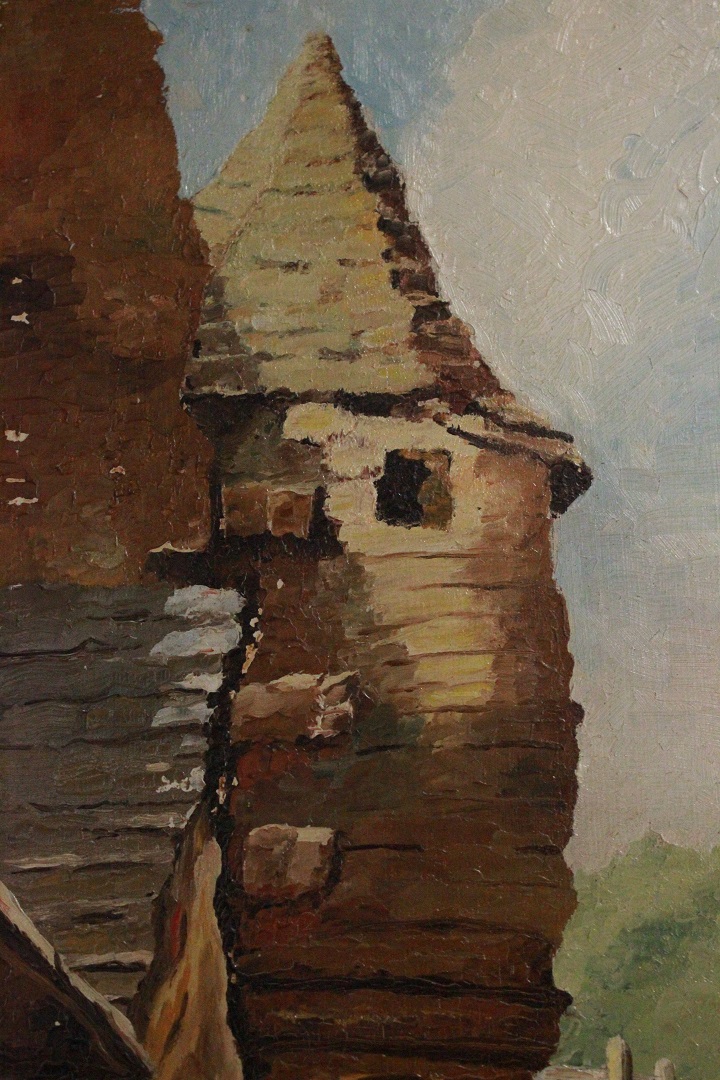 984_quadro_dipinto_olio_pannello_paesaggio_strada_via_città_canale_firmato_firma_Francese_FRA_2