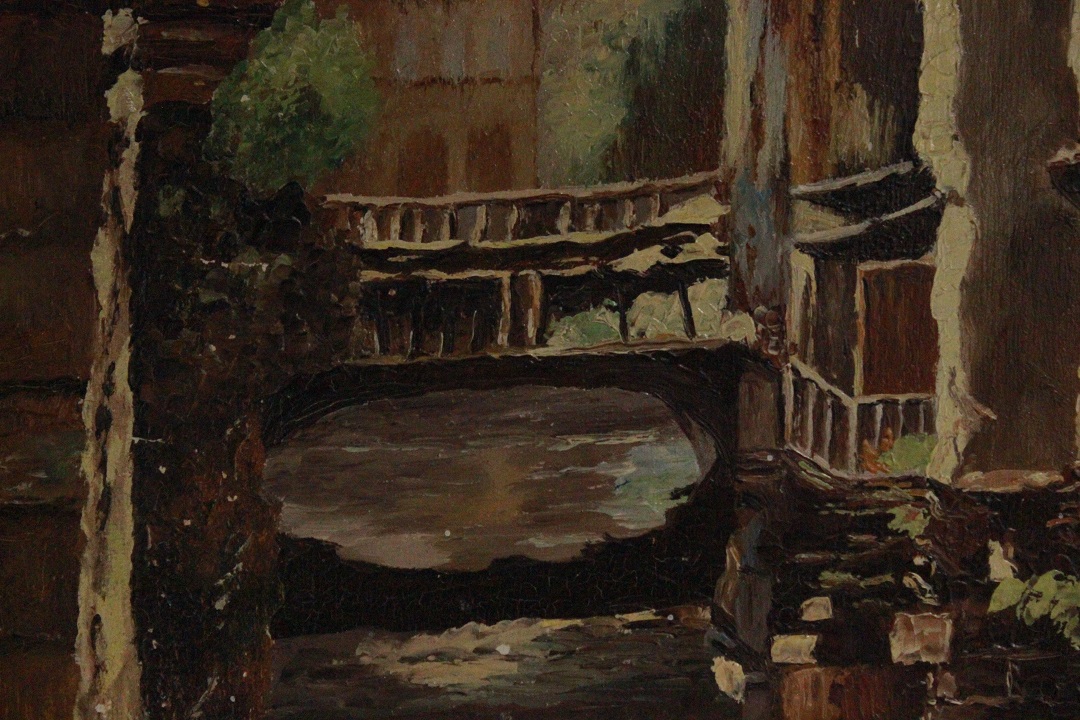 984_quadro_dipinto_olio_pannello_paesaggio_strada_via_città_canale_firmato_firma_Francese_FRA_3