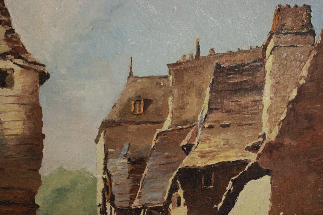 984_quadro_dipinto_olio_pannello_paesaggio_strada_via_città_canale_firmato_firma_Francese_FRA_4