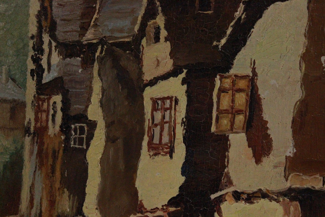 984_quadro_dipinto_olio_pannello_paesaggio_strada_via_città_canale_firmato_firma_Francese_FRA_5