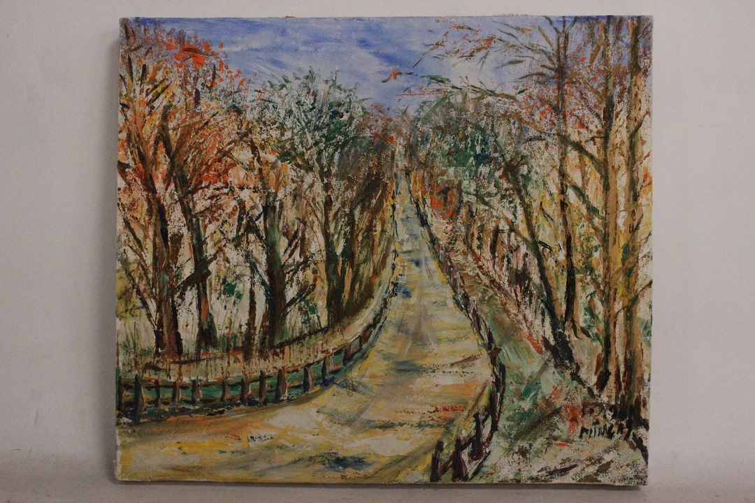 988_quadro_dipinto_olio_tela_paesaggio_strada_bosco_firma_firmato_provenienza_Francese_FRA_0