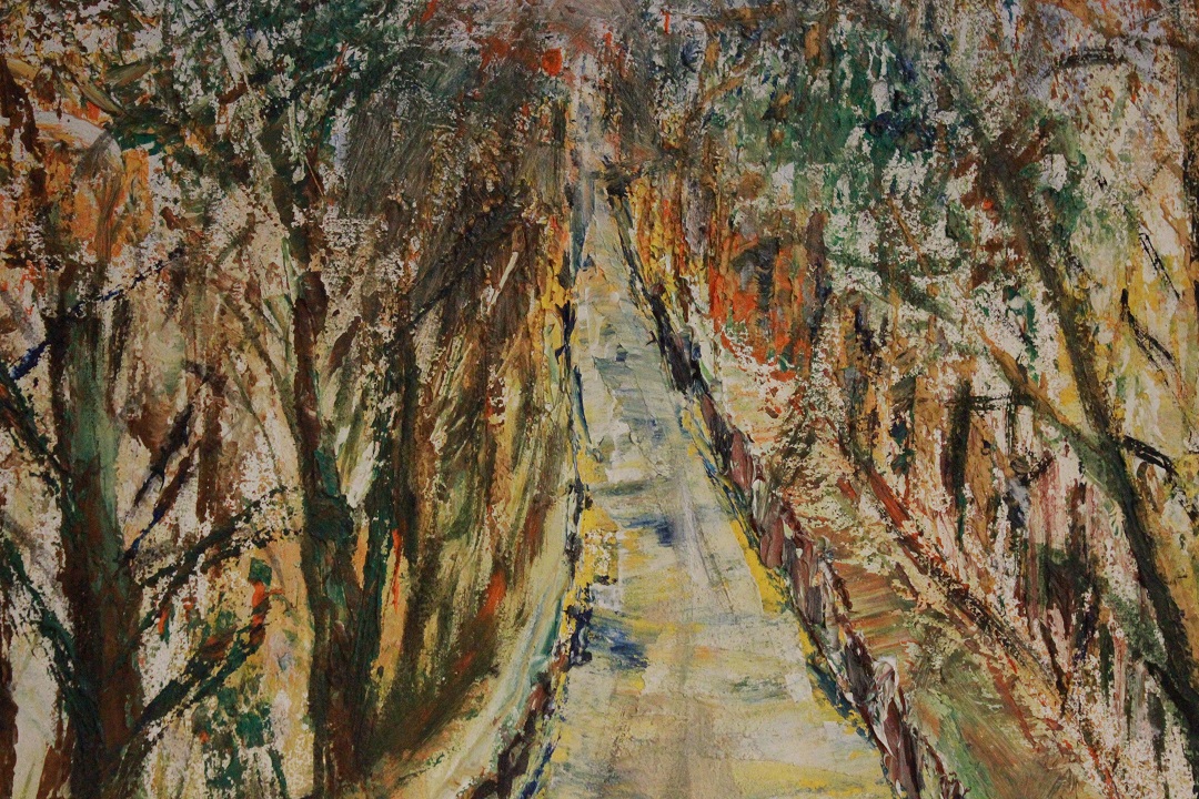 988_quadro_dipinto_olio_tela_paesaggio_strada_bosco_firma_firmato_provenienza_Francese_FRA_1