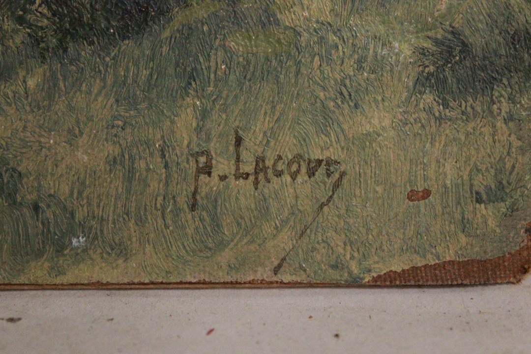 994_quadro_dipinto_olio_su_cartone_telato_paesaggio_foresta_firma_firmato_provenienza_Francese_FRA_1