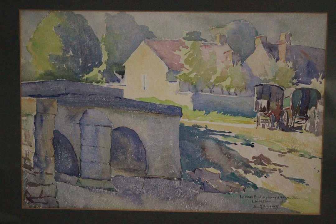 1008_quadro_dipinto_acquarello_paesaggio_ponte_campagna_provenienza_firma_firmato_Francese_FRA_1