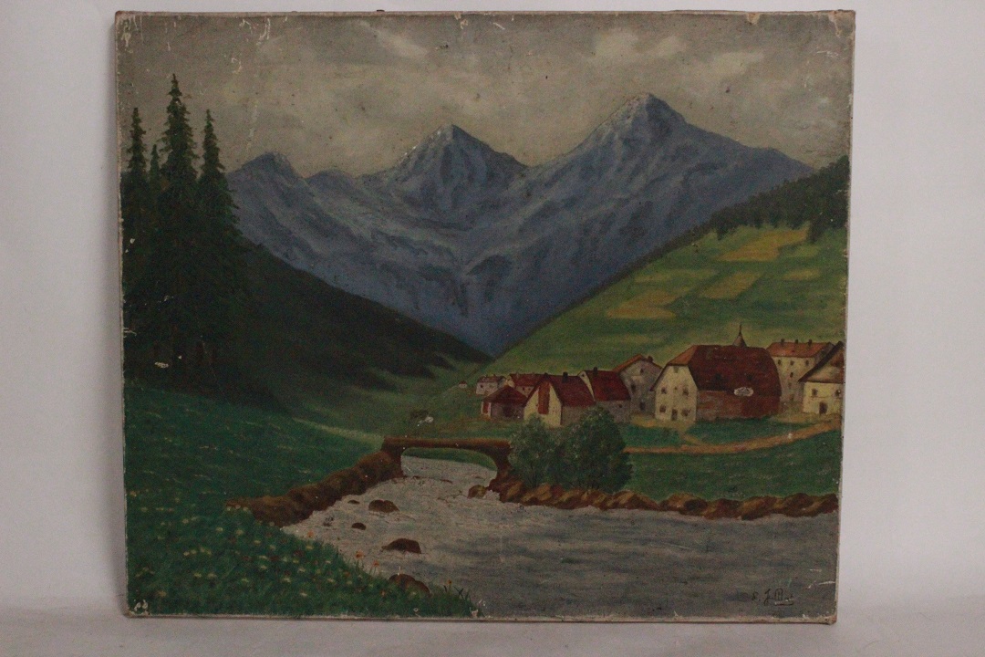 1016_quadro_dipinto_olio_tela_cappella_montagna_case_fiume_ponte_firmato_firma_Francese_FRA_0