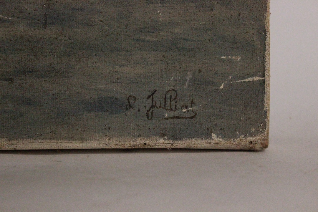 1016_quadro_dipinto_olio_tela_cappella_montagna_case_fiume_ponte_firmato_firma_Francese_FRA_1