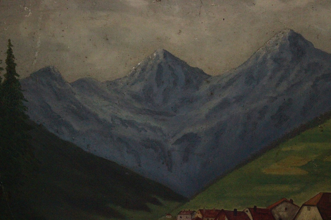1016_quadro_dipinto_olio_tela_cappella_montagna_case_fiume_ponte_firmato_firma_Francese_FRA_2