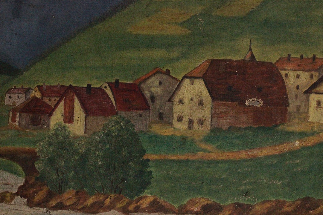1016_quadro_dipinto_olio_tela_cappella_montagna_case_fiume_ponte_firmato_firma_Francese_FRA_3